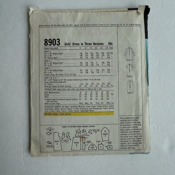 Vtg 60s McCalls 8903 Sewing Pattern Girls Dress Inverted Center Pleat Yoke Sz 10 - Picture 3 of 6